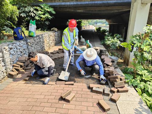 荆门市城区河道管理处开展板砖整平维修工作